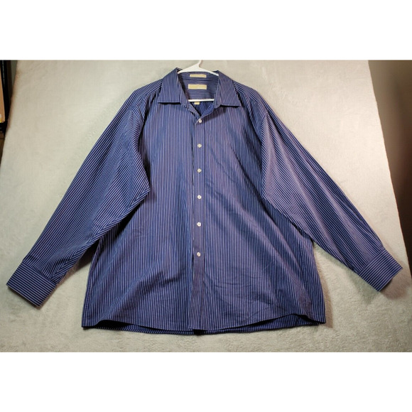 Michael Kors Shirt Mens Size 18 Blue Striped 100% Cotton Long Sleeve Button Down - Picture 1 of 9